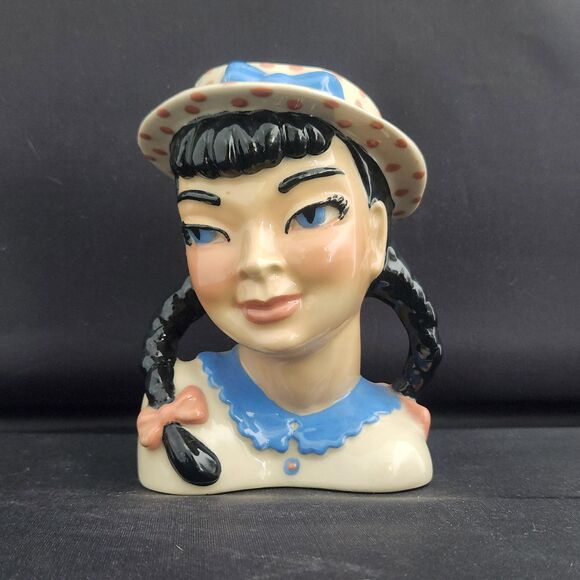 Becky Head Vase Ceramic Arts Studio Blue Pigtails Girl Teen Flower Holder VTG - Picture 2 of 8